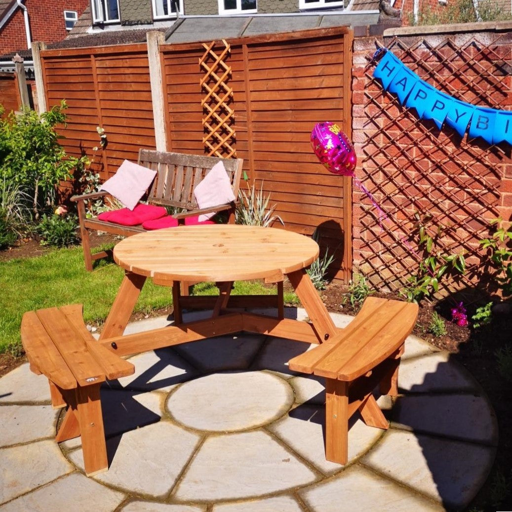 Outsunny Wooden Garden Dining Set, 6 Seater Round Dining Picnic Table with Matching Bench, Garden Furniture Set with Parasol Hole for Outdoor Patio Party and Family Gatherings, Brownish Red