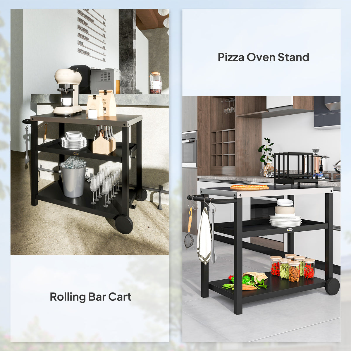 Outsunny grill cart shown as a rolling bar cart and pizza oven stand