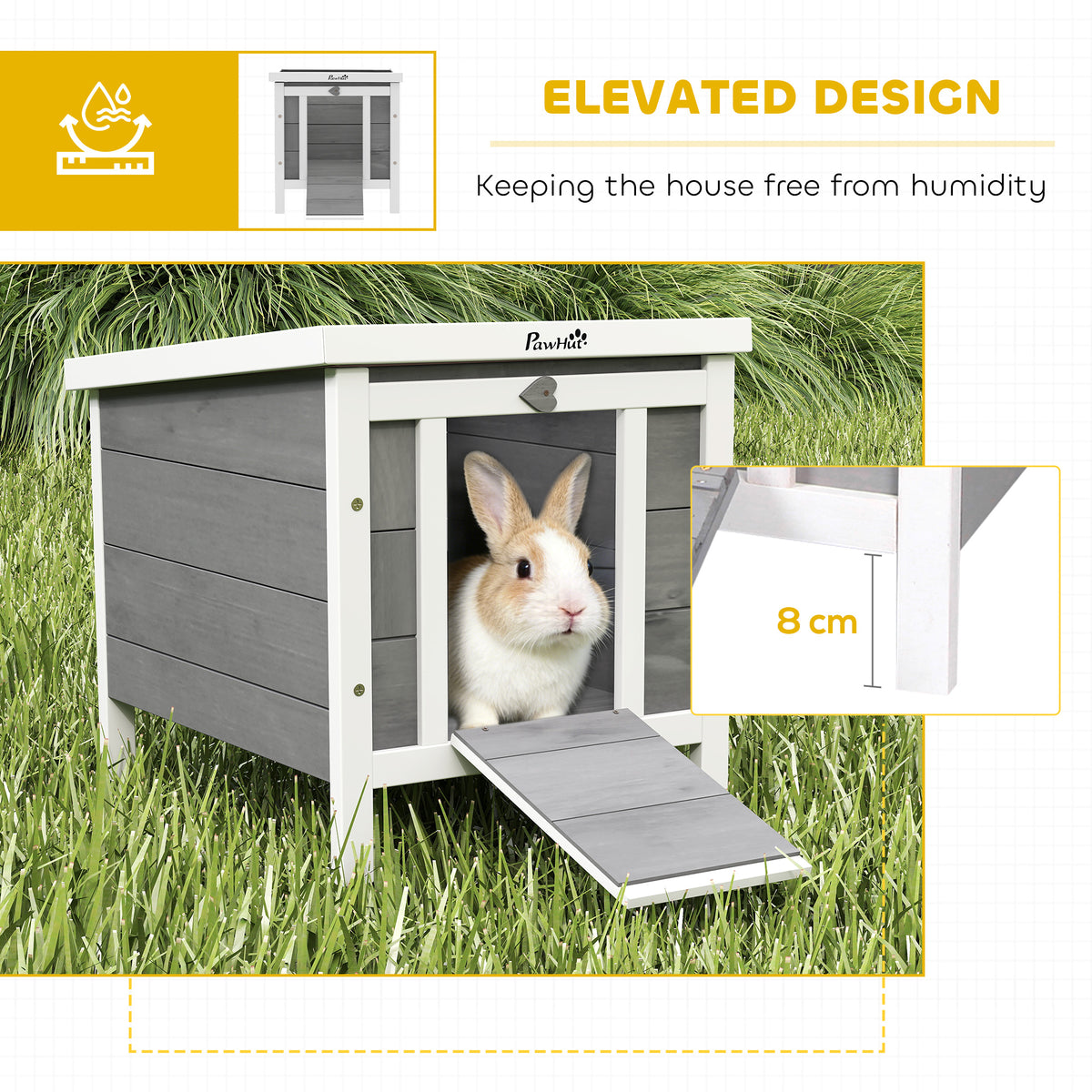 PawHut raised wooden rabbit hutch with grey panels, white frame, and ramp