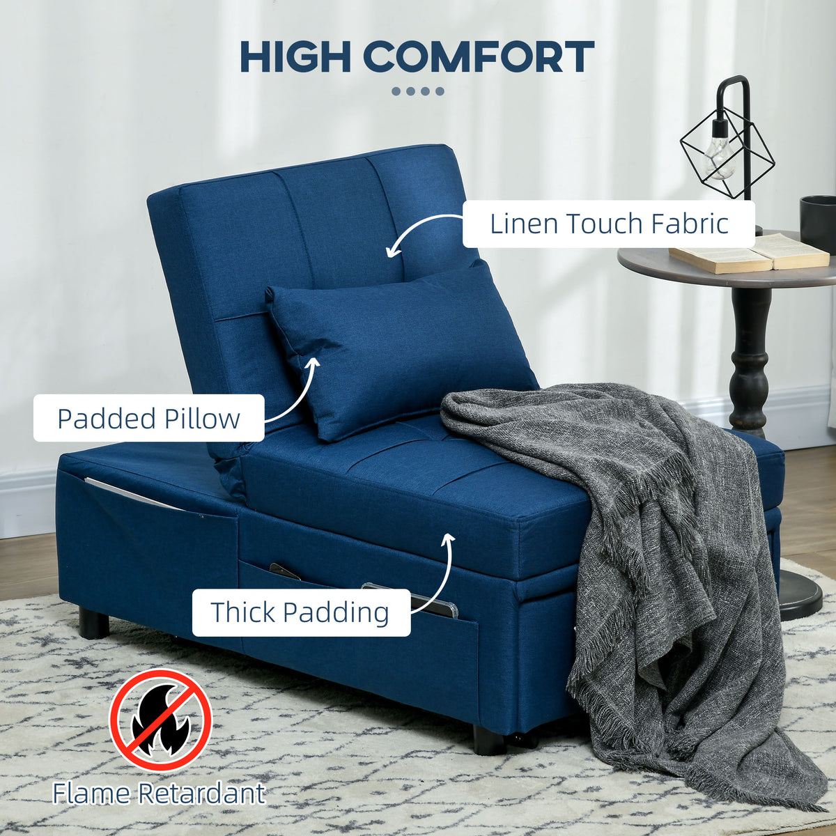 Blue sleeper chair with padded backrest, matching pillow, thick seat, and side pocket.