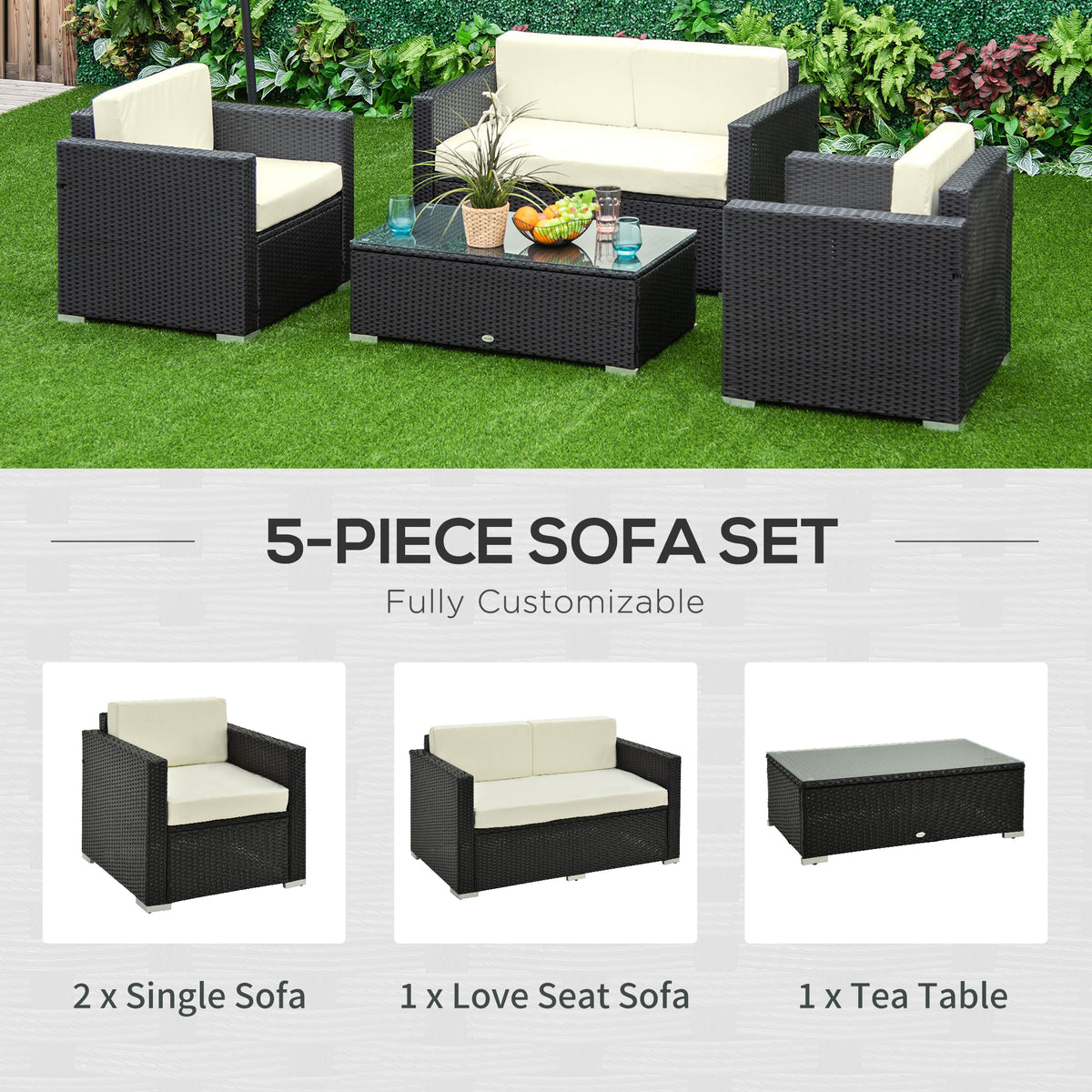 Five-piece black rattan sofa set with cream cushions and glass-top table