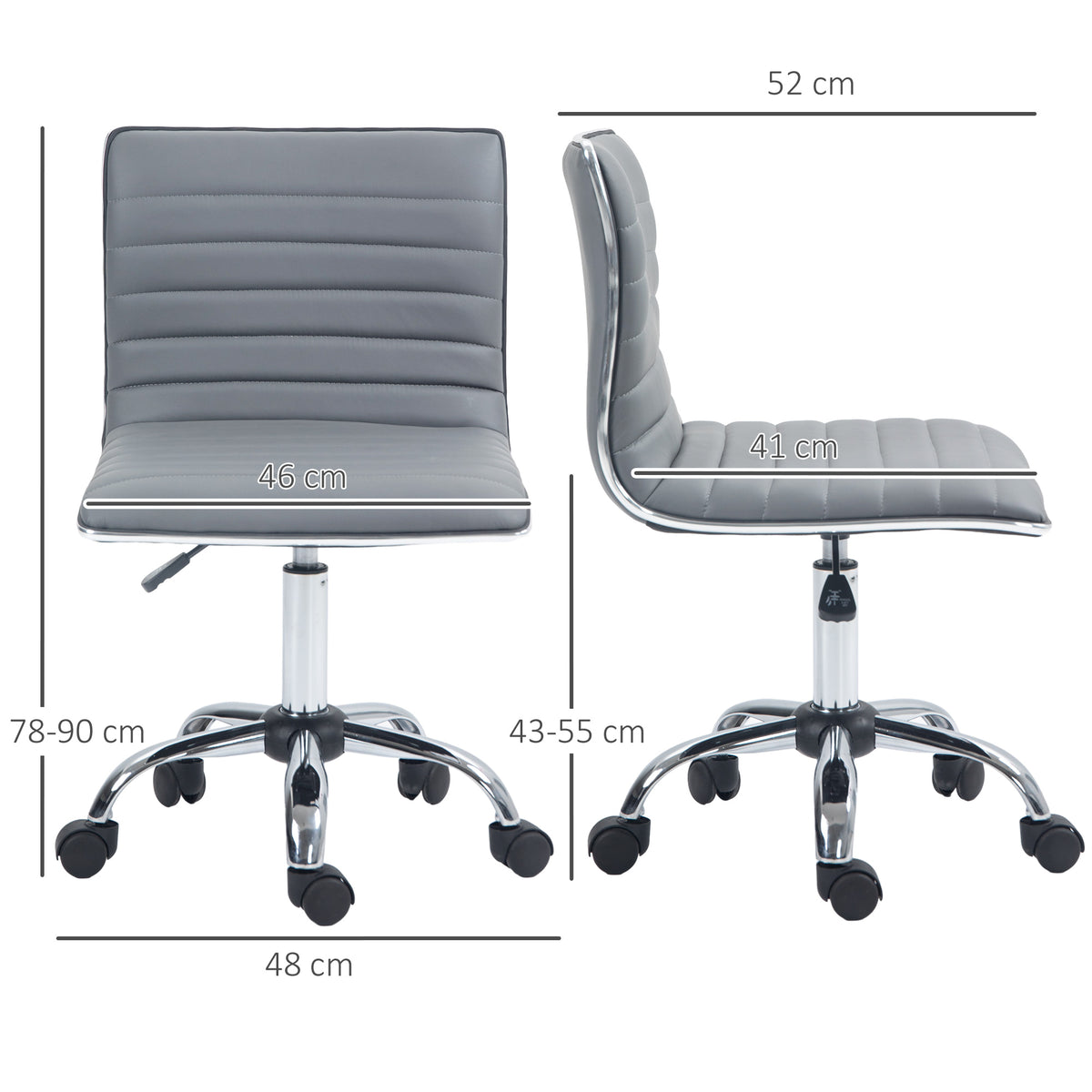 HOMCOM office chair shown from front and side with seat and base dimensions