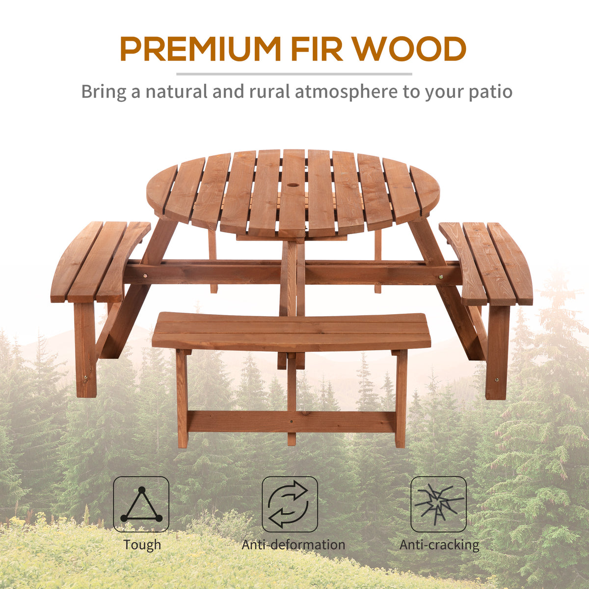 Fir wood picnic set with round slatted table and four attached benches