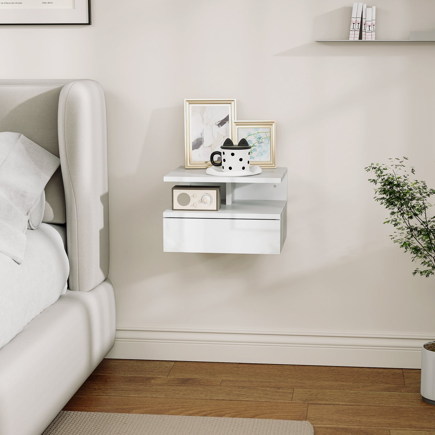 HOMCOM Floating High Gloss Bedside Table - High Gloss White