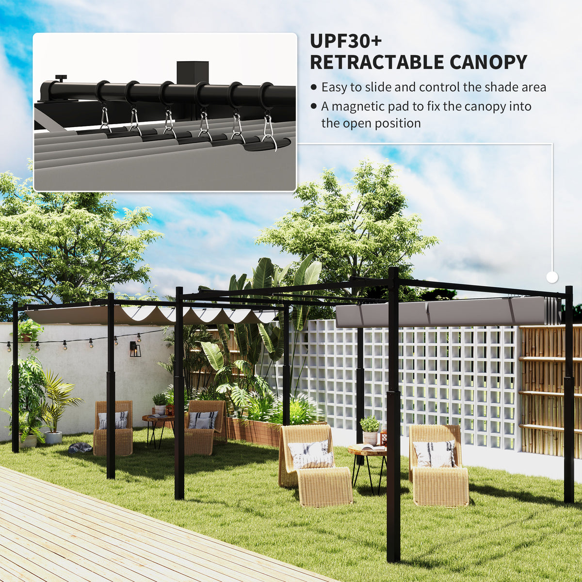 Outsunny pergola with retractable UPF 30+ canopy and sliding roof hooks