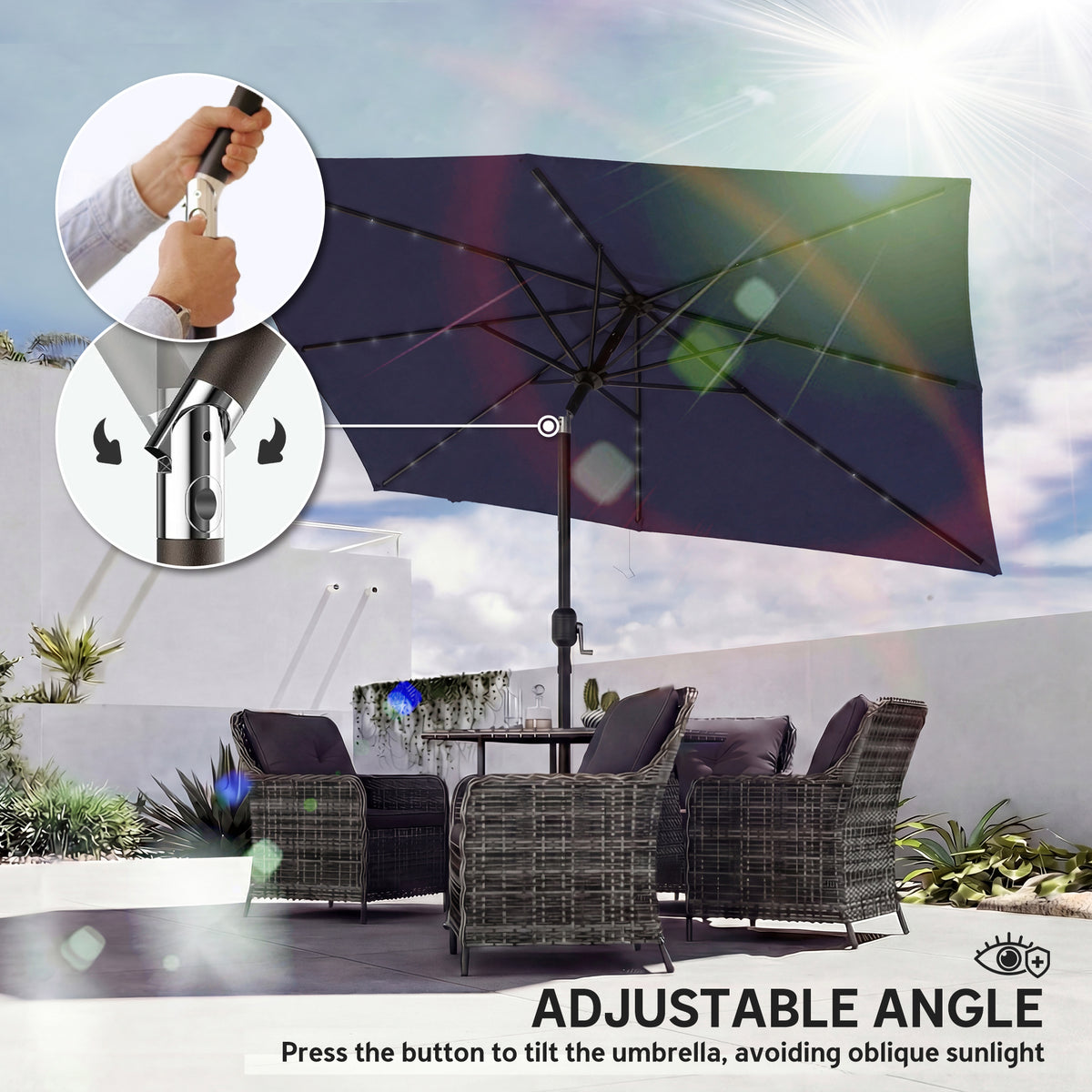Outsunny 3 x 2 m Garden Parasol Umbrella with LED Solar Light, Parasol Cover, Outdoor Market Patio Umbrella, Navy Blue