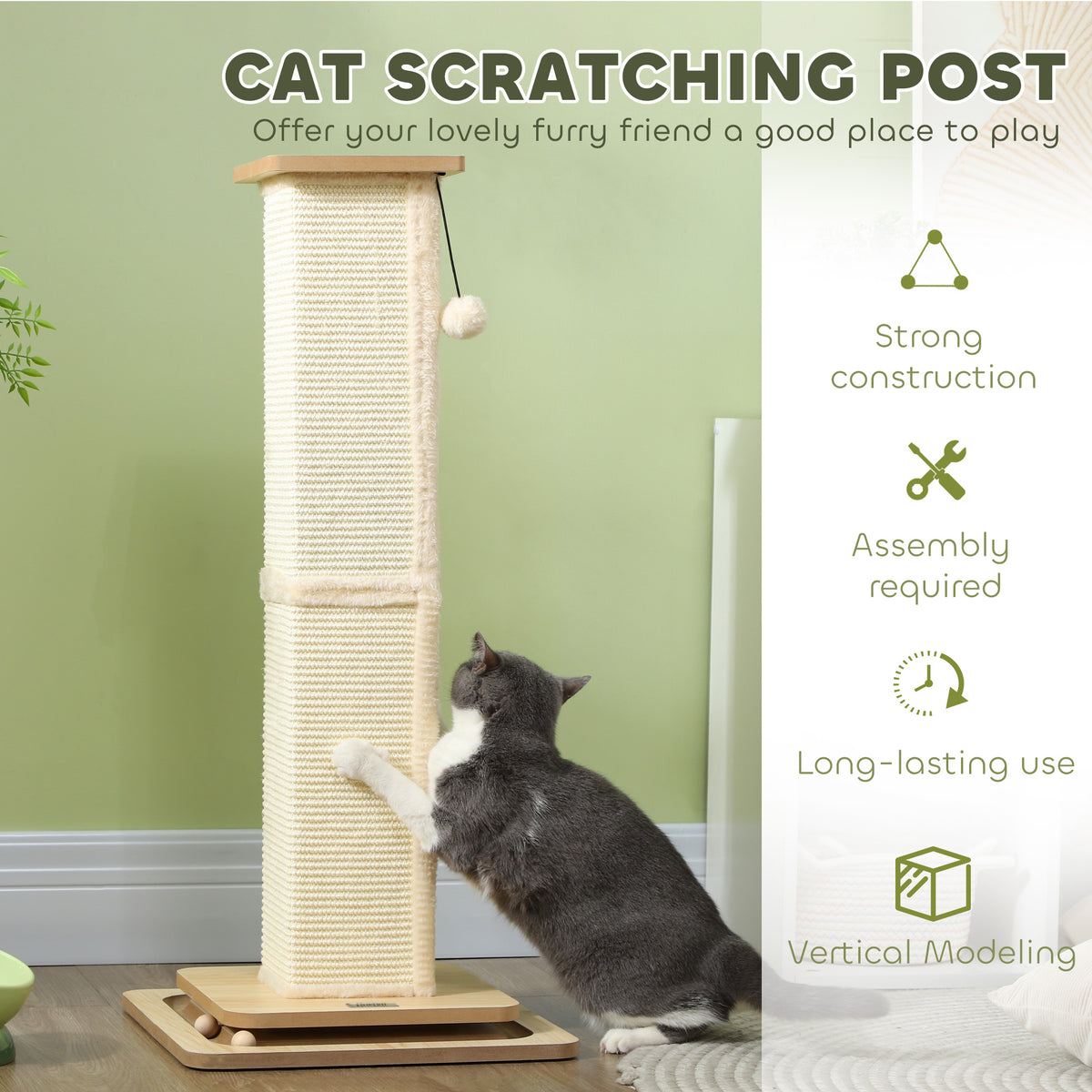 PawHut tall sisal cat scratching post with hanging ball and layered wooden base