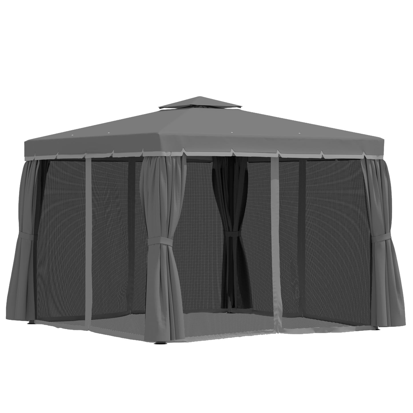 Dark gray patio gazebo with mosquito netting and tied-back curtains