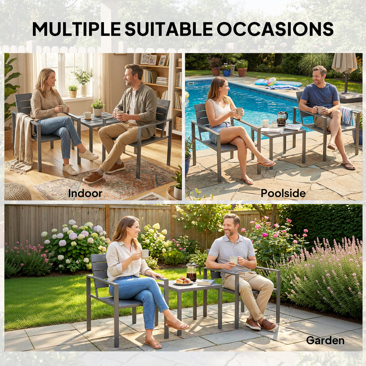 Outsunny 3 Pieces Garden Bistro Set for 2, Outdoor Bistro Table and Chairs with Metal Frame, Plastic Patio Furniture Set