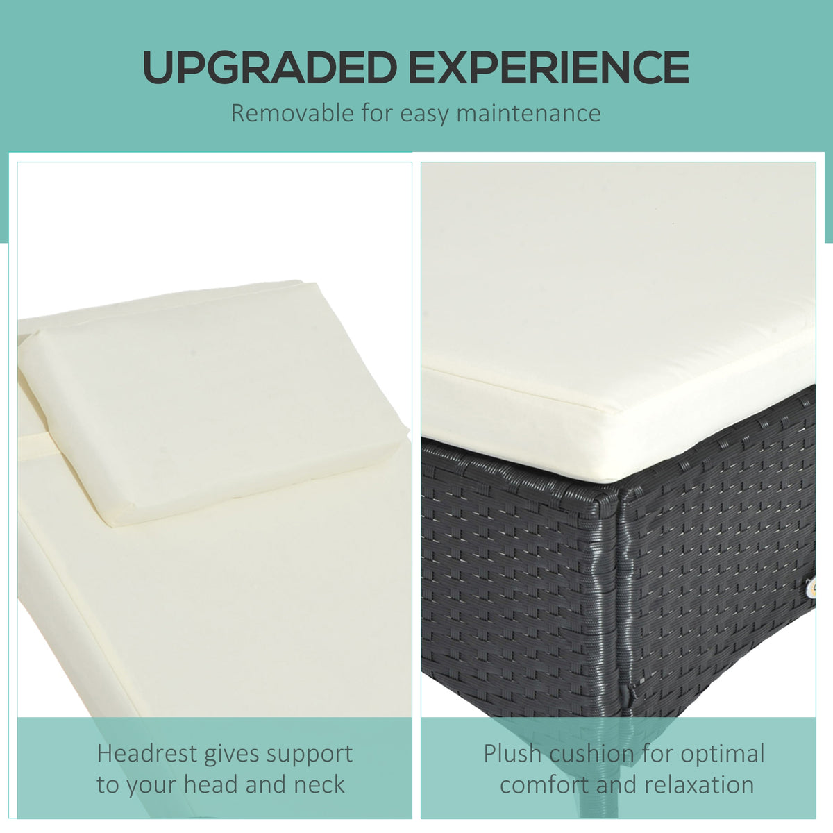 Outsunny sun lounger details showing cream headrest and removable cushion on black frame