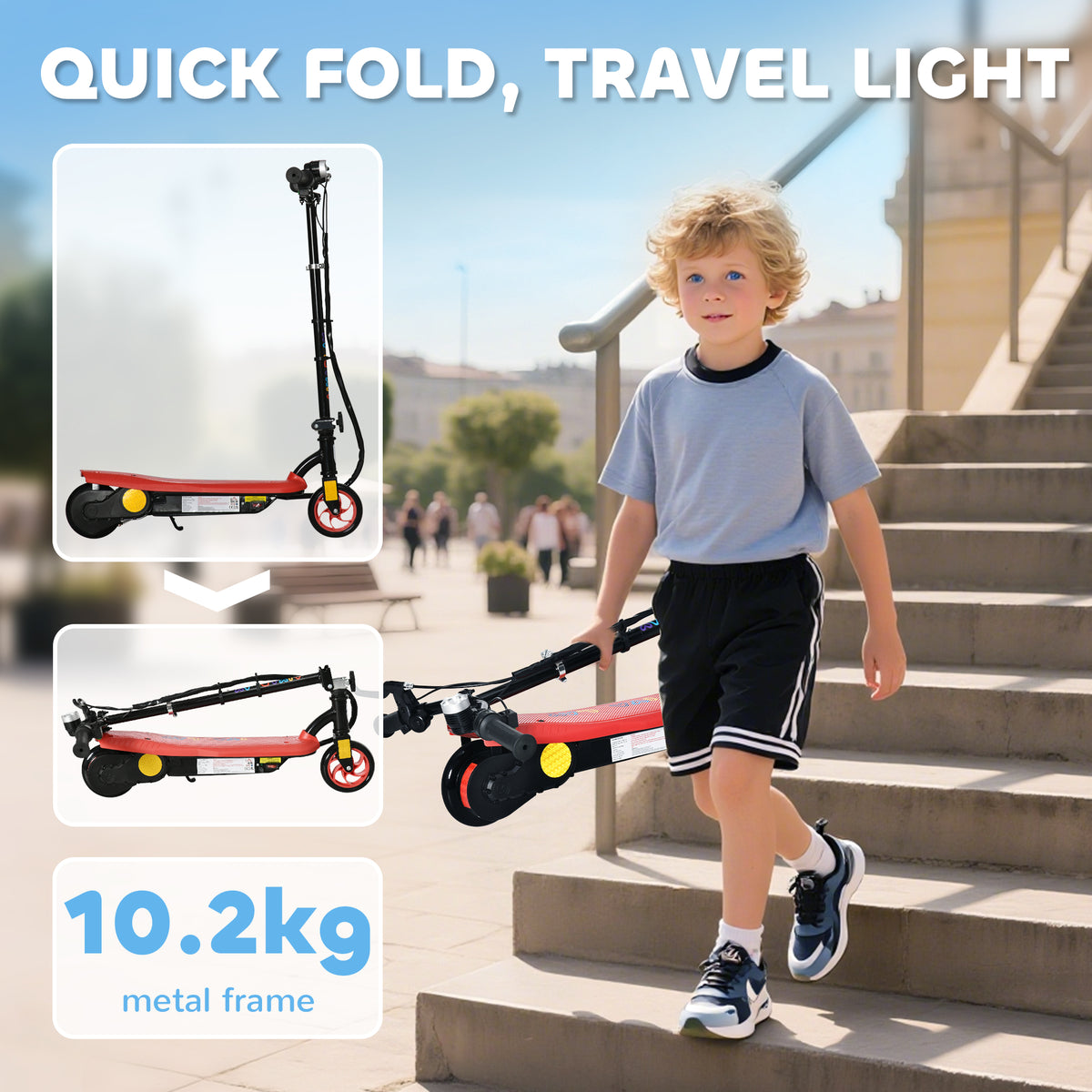 HOMCOM Foldable Electric Scooter, with LED Lights, for Ages 7-14 Years, Red