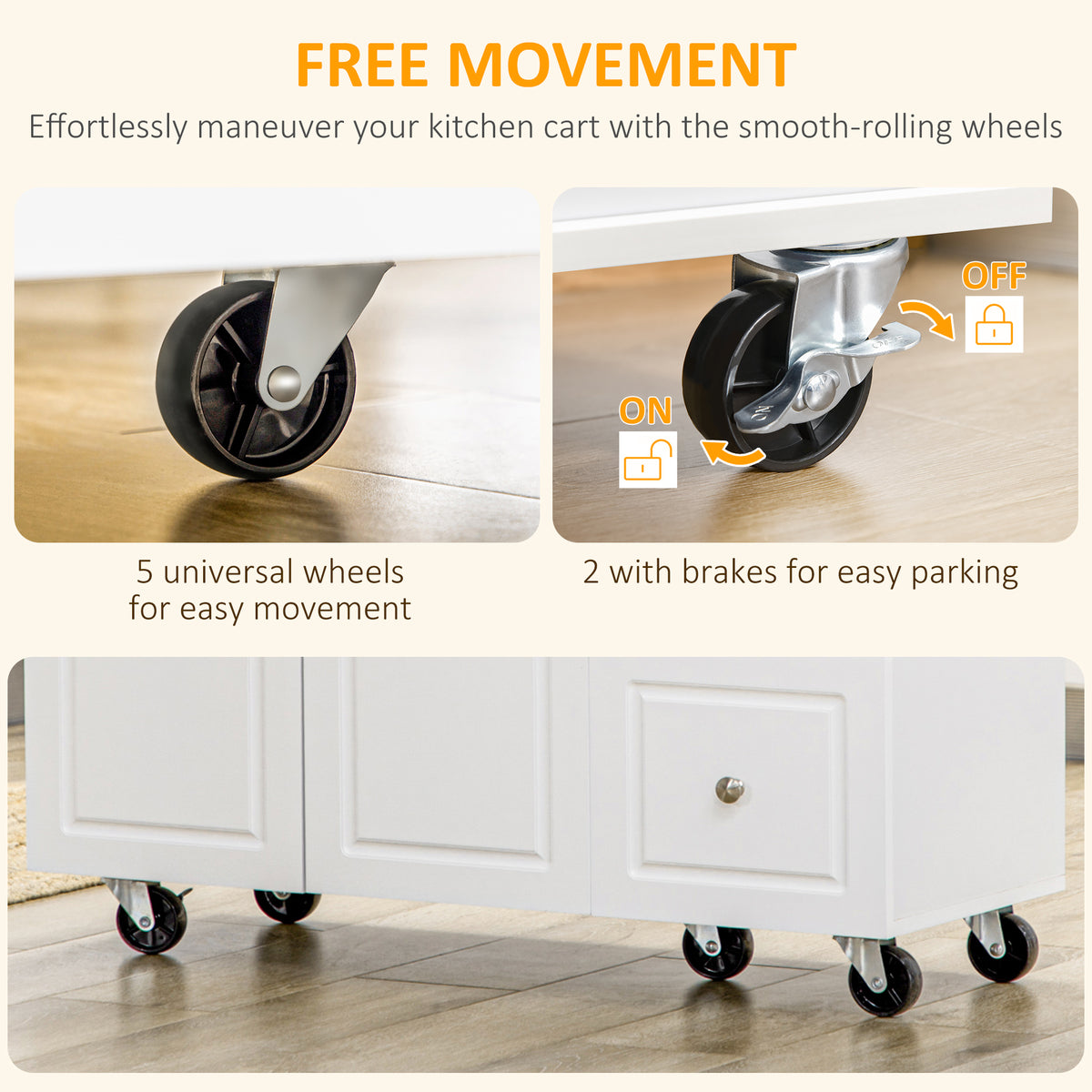Kitchen island caster wheels, including locking brakes, shown beneath the cabinet
