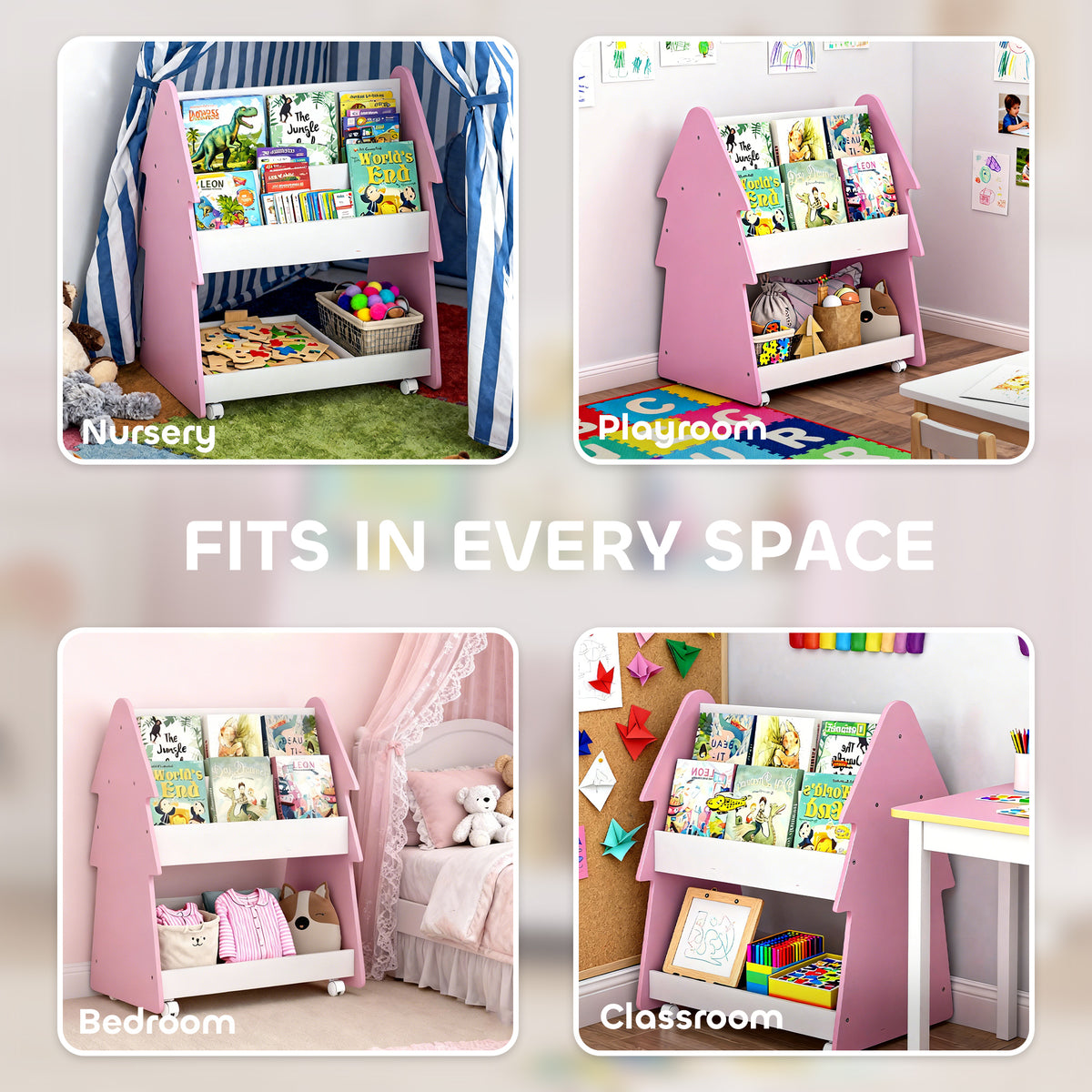AIYAPLAY Kids Bookshelf with Toy Storage, Double-Sided Bookcase with Wheels, 3 Tier Kids Book Rack for Bedroom, Pink