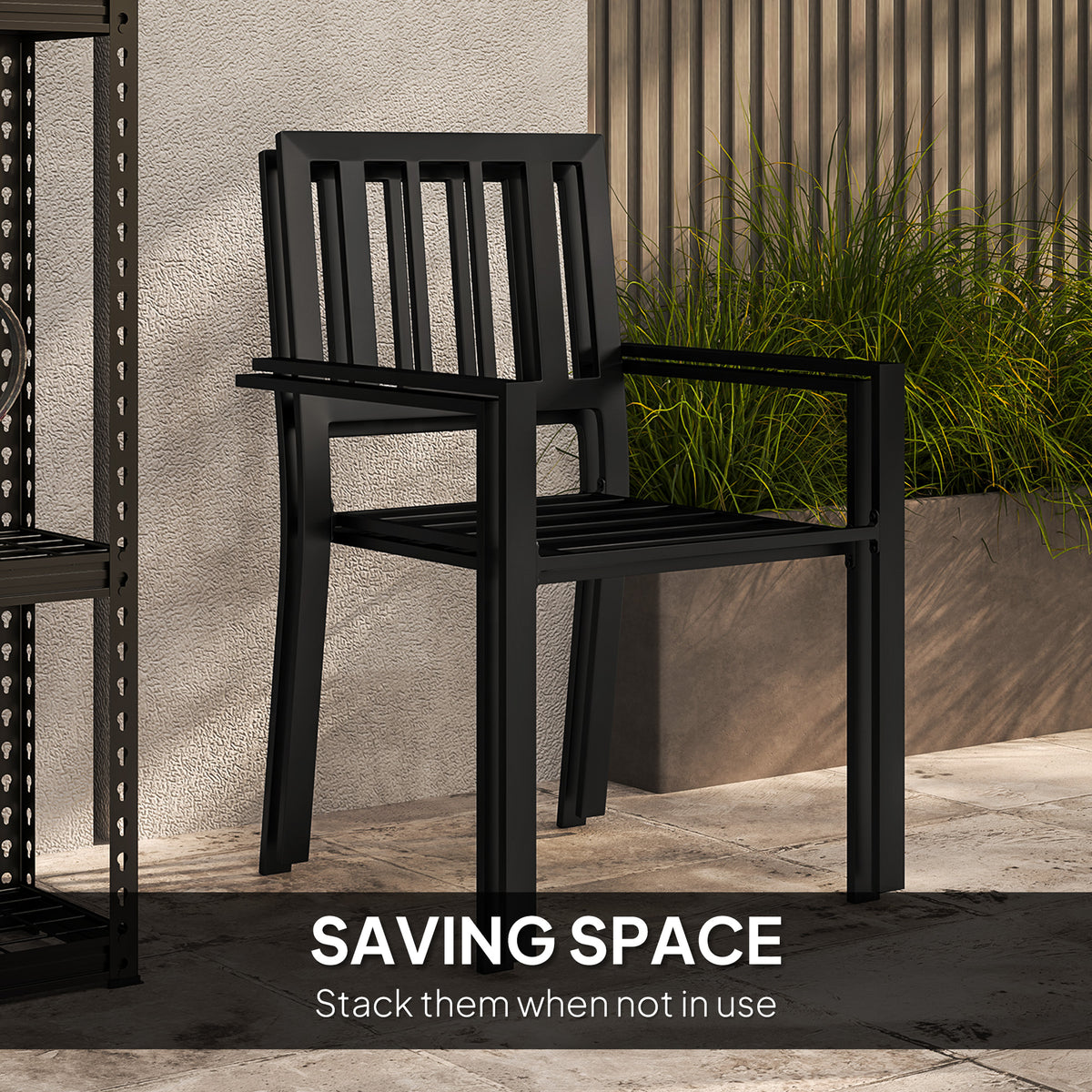 Outsunny black stackable patio chair with slatted seat and back