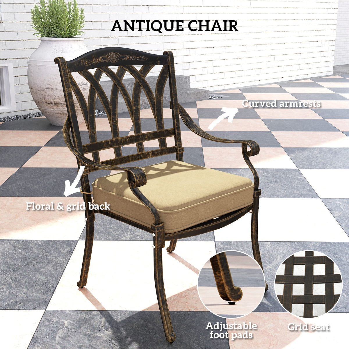 Antique-style cast aluminium chair with beige cushion, curved arms and floral grid back