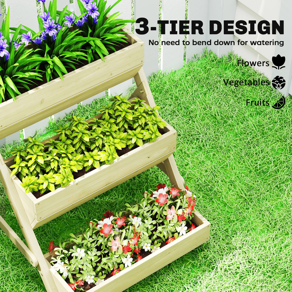 Outsunny three-tier wooden planter filled with flowers and leafy plants