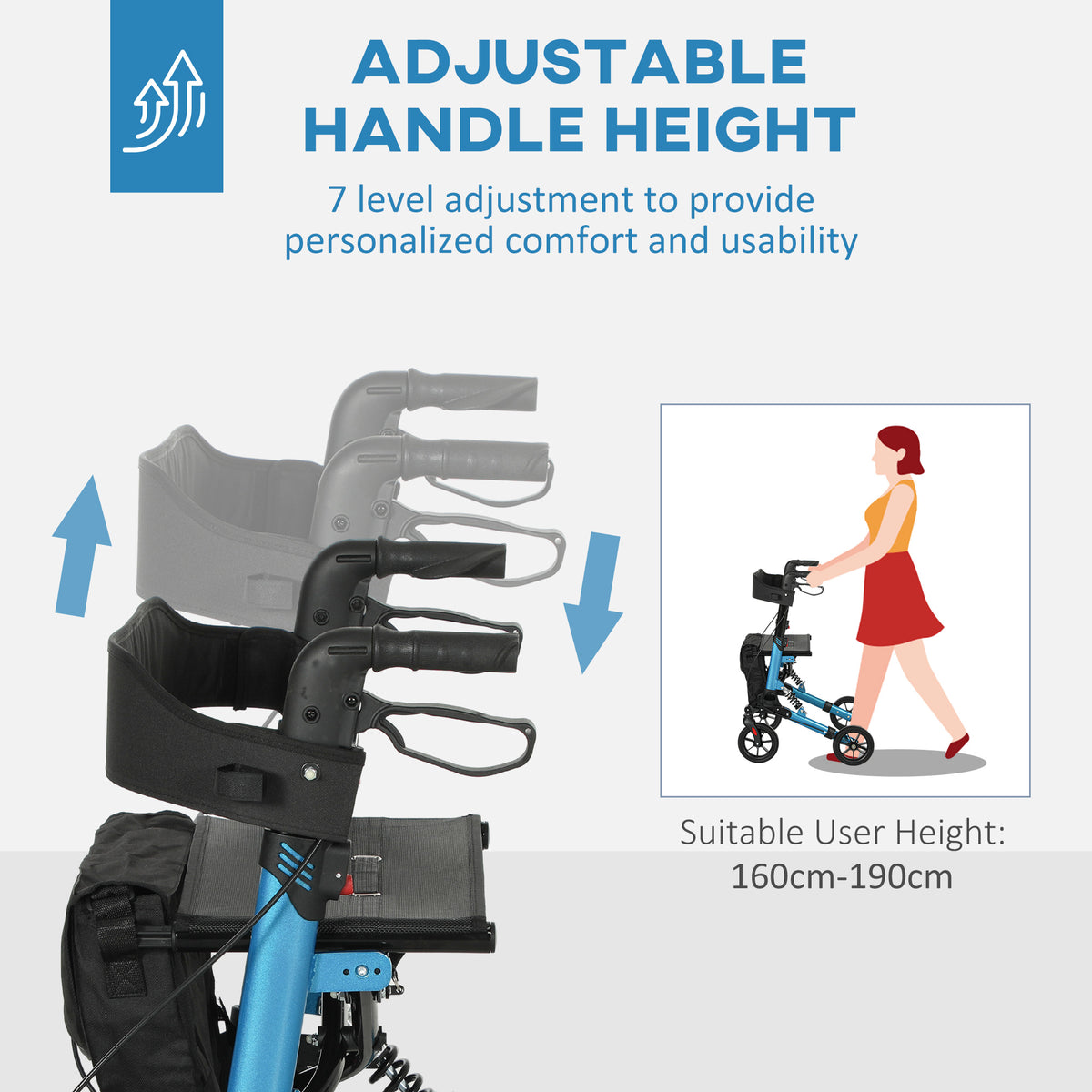 HOMCOM rollator with height-adjustable handles shown at several settings