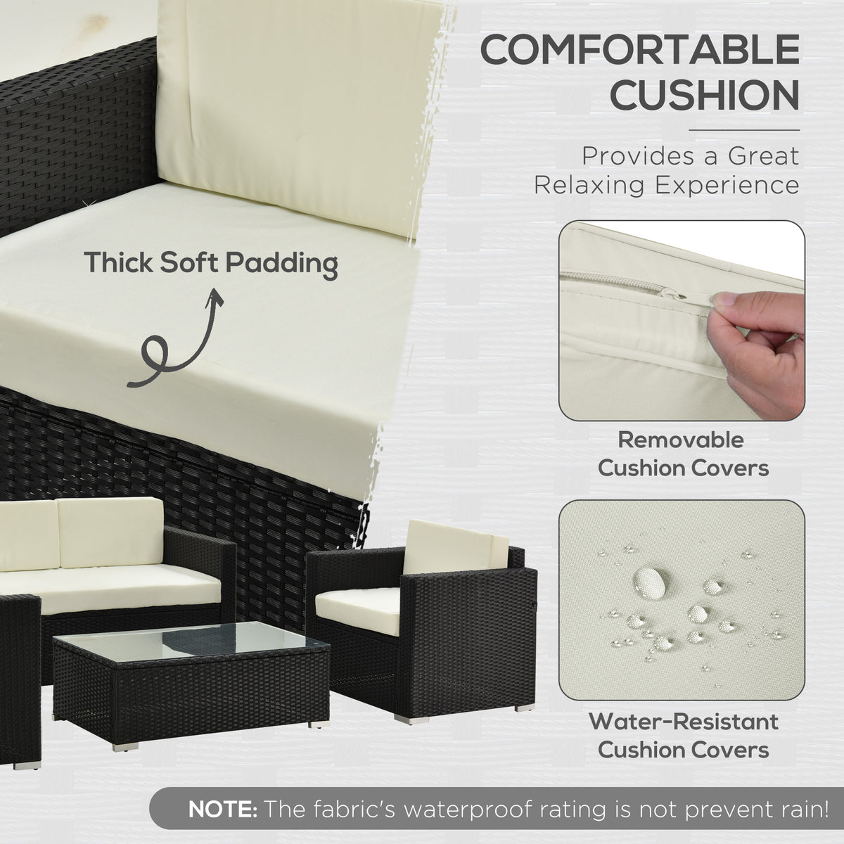 Cream sofa cushions with thick padding, removable covers, and a water-resistant finish