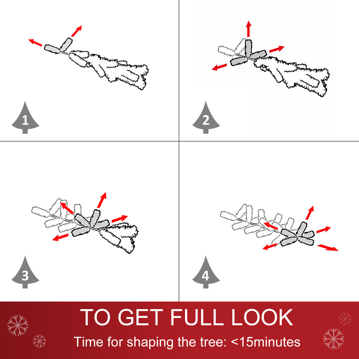 Artificial Christmas tree branch shaping steps shown in four assembly diagrams.
