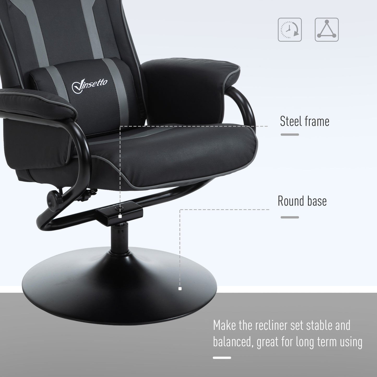 Vinsetto recliner with padded seat, steel frame, and round pedestal base