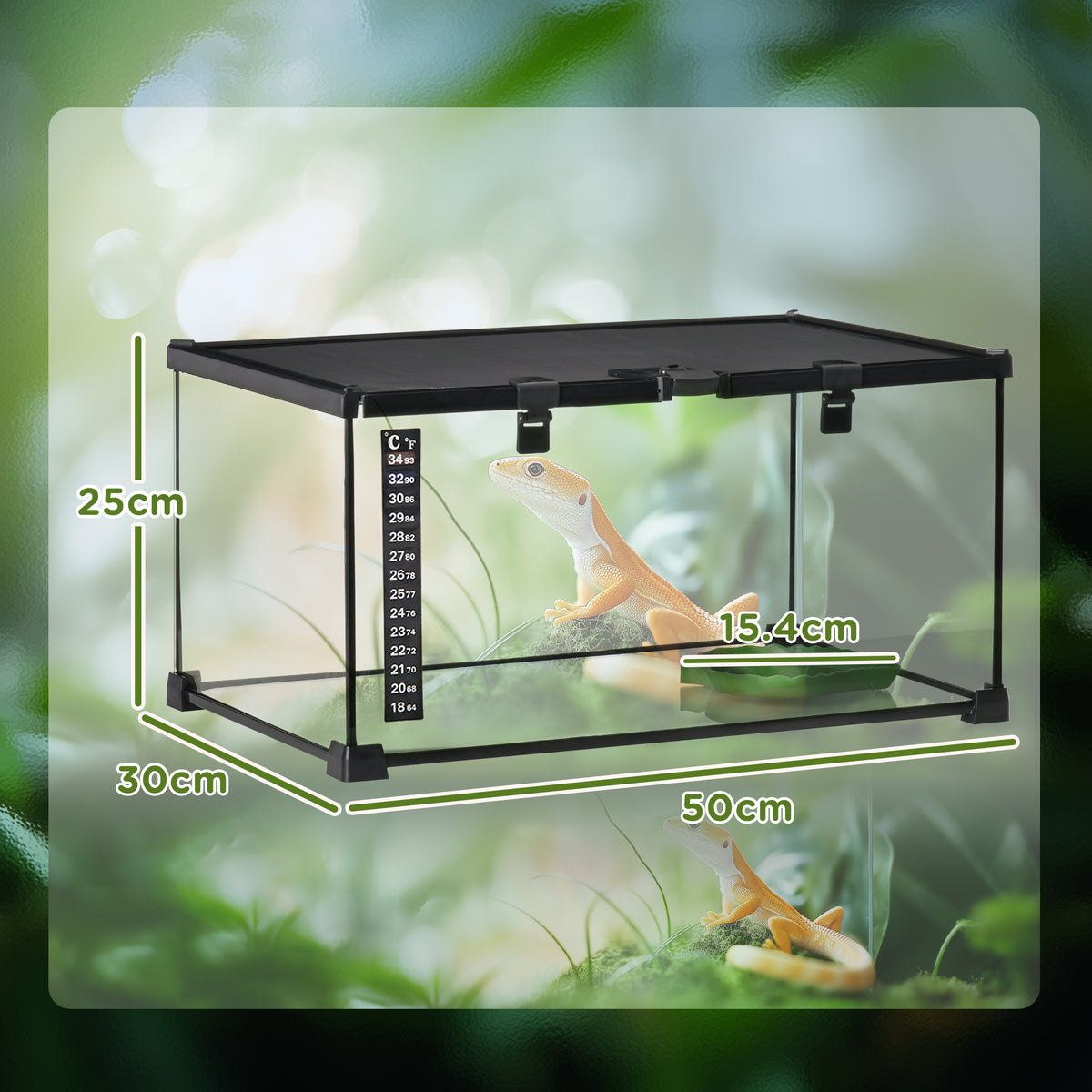 PawHut glass reptile terrarium, 50 x 30 x 25 cm, with mesh lid and thermometer
