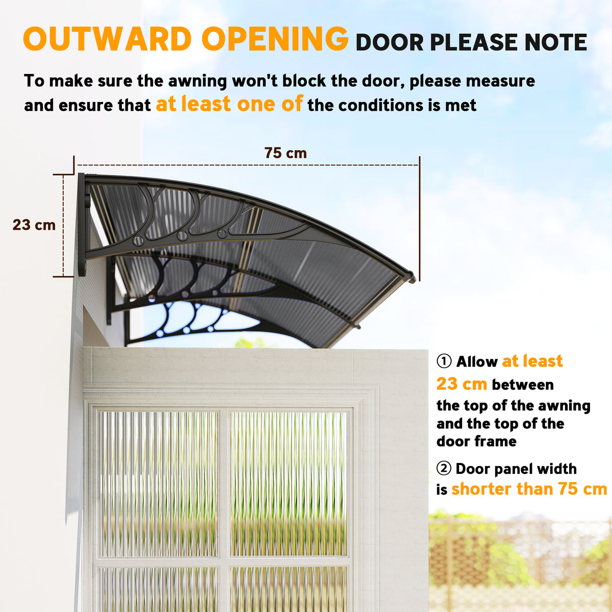 Outsunny black door canopy side view showing 75 cm projection and 23 cm clearance