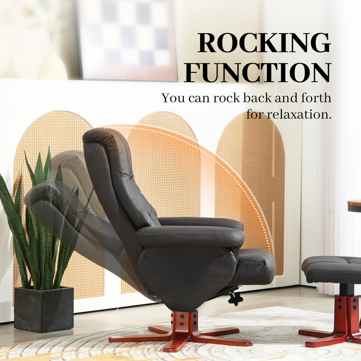 Recliner chair shown tilted back on its rocking base, with matching footstool