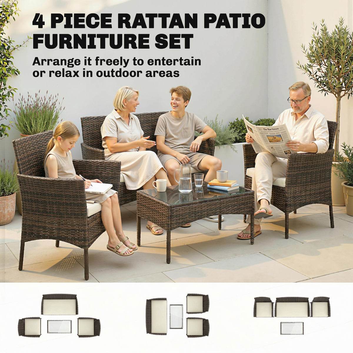 Outsunny 4 Piece Rattan Garden Furniture Sofa Set with Loveseat, Armchairs, Glass-Top Coffee Table and Cushions, Brown