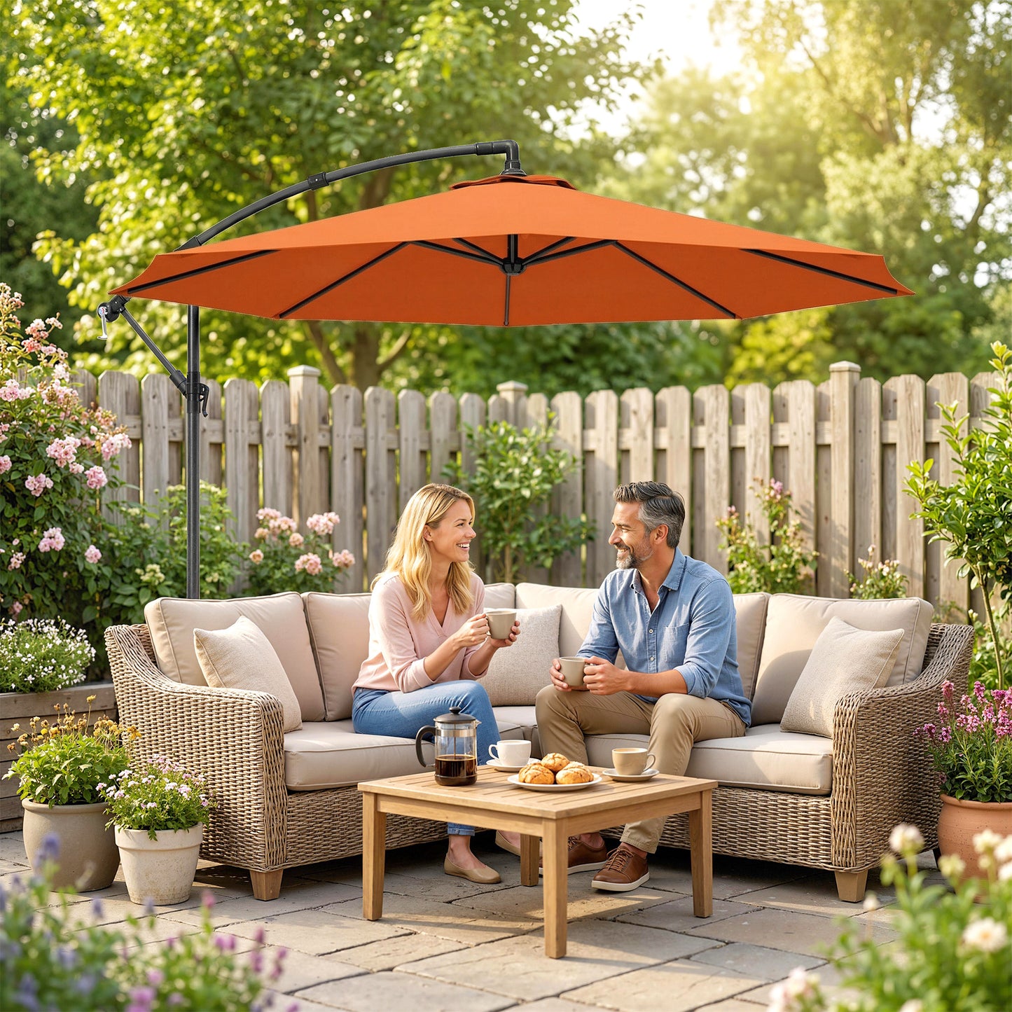 Outsunny 3 m Cantilever Parasol with Cross Base, Offset Outdoor Umbrella with Crank Handle, Hanging Sun Shade, Orange