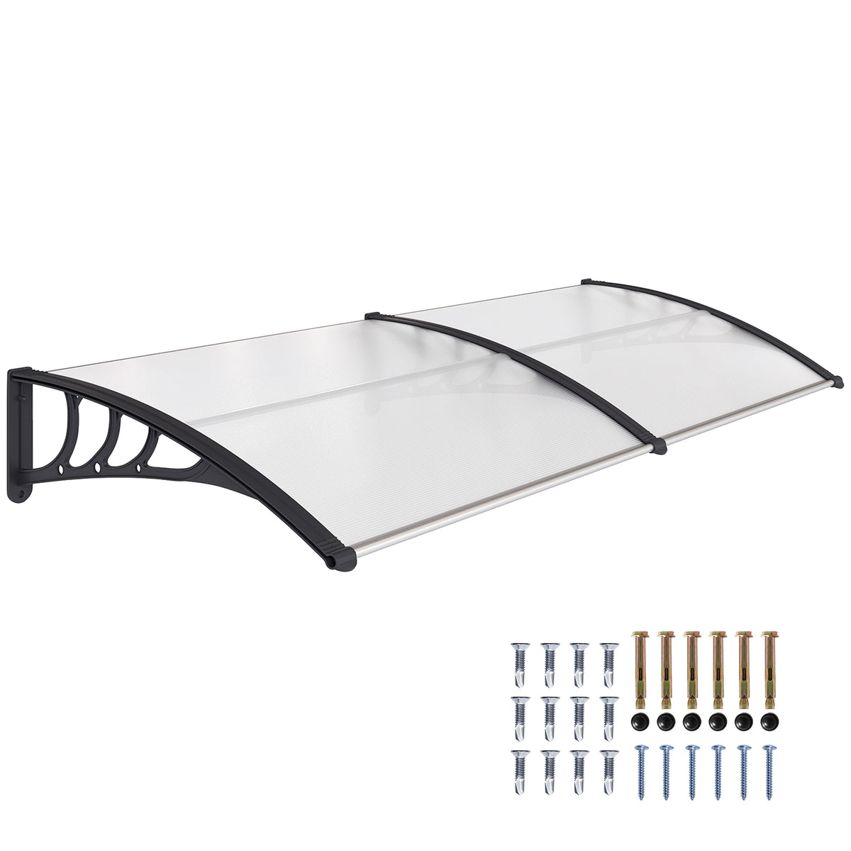 Clear polycarbonate door canopy with black supports and mounting hardware