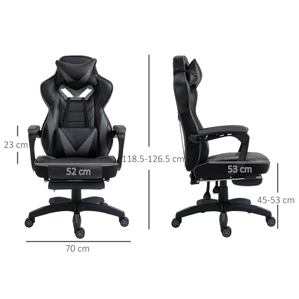 Vinsetto gaming chair shown from front and side with seat and overall dimensions