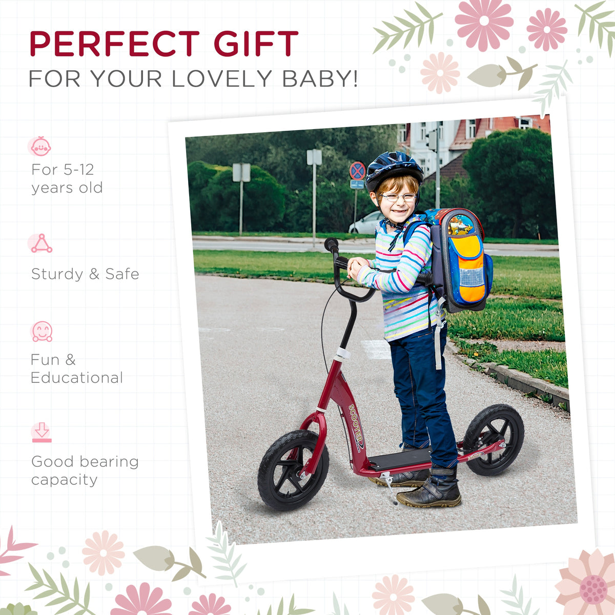 Red HOMCOM kids kick scooter with a child standing beside it