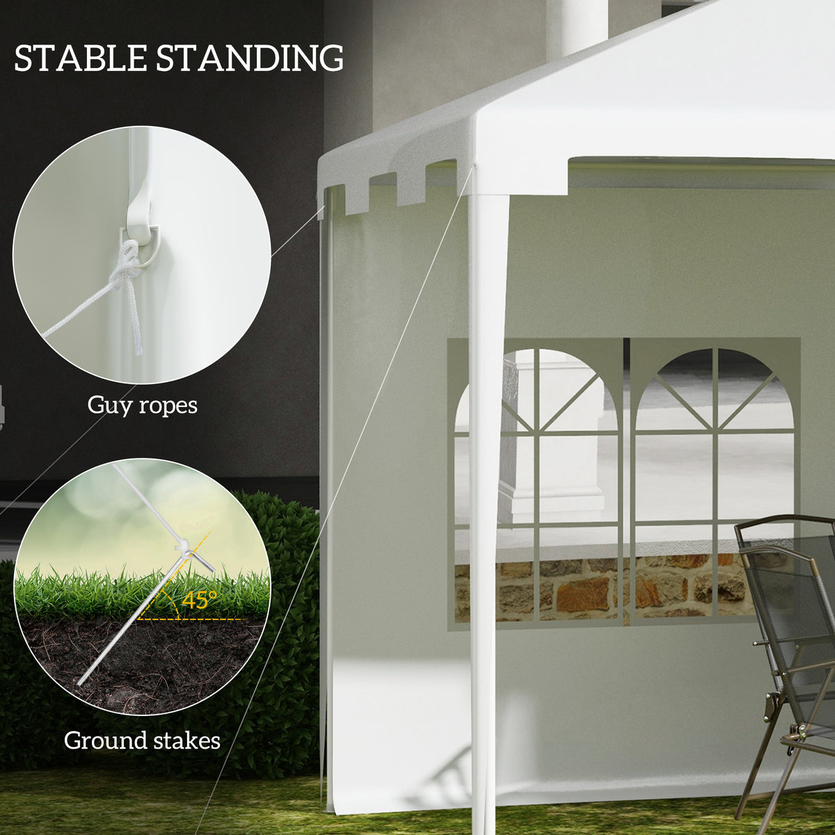 Gazebo corner secured with a guy rope and ground stake
