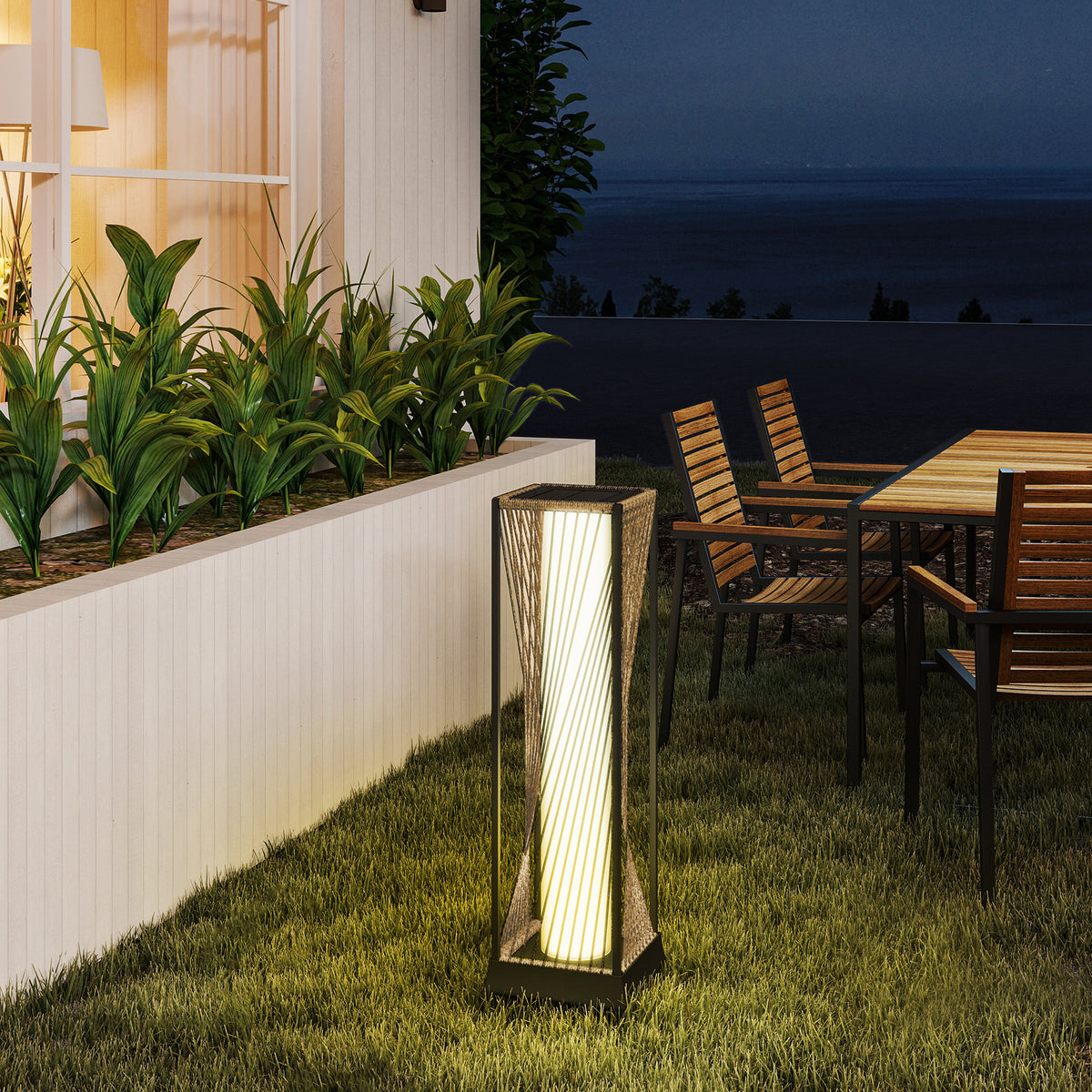 Outsunny Rattan Solar Garden Lights, Auto On/Off LED Floor Lamp, Sand Brown