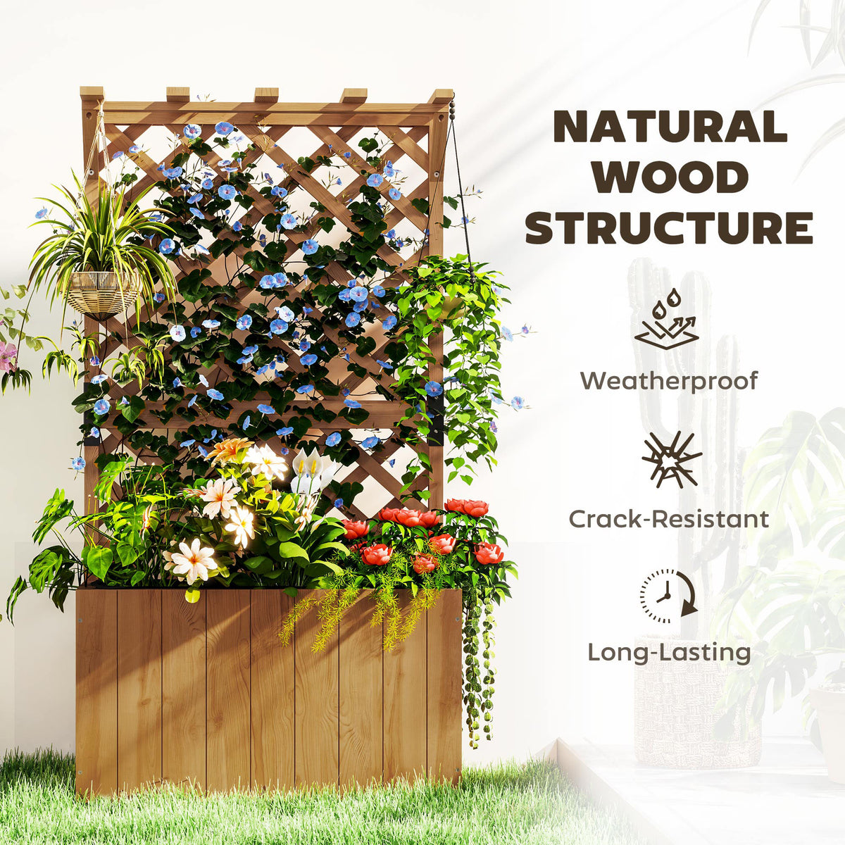 Outsunny wooden raised planter with trellis holding climbing vines and flowers