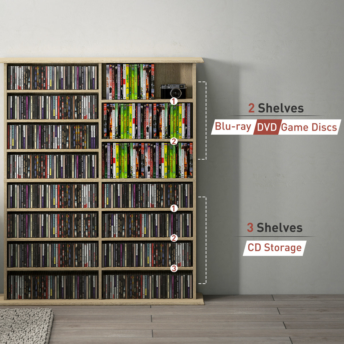 HOMCOM 16-Compartment Media Shelf - Nature Wood Finish
