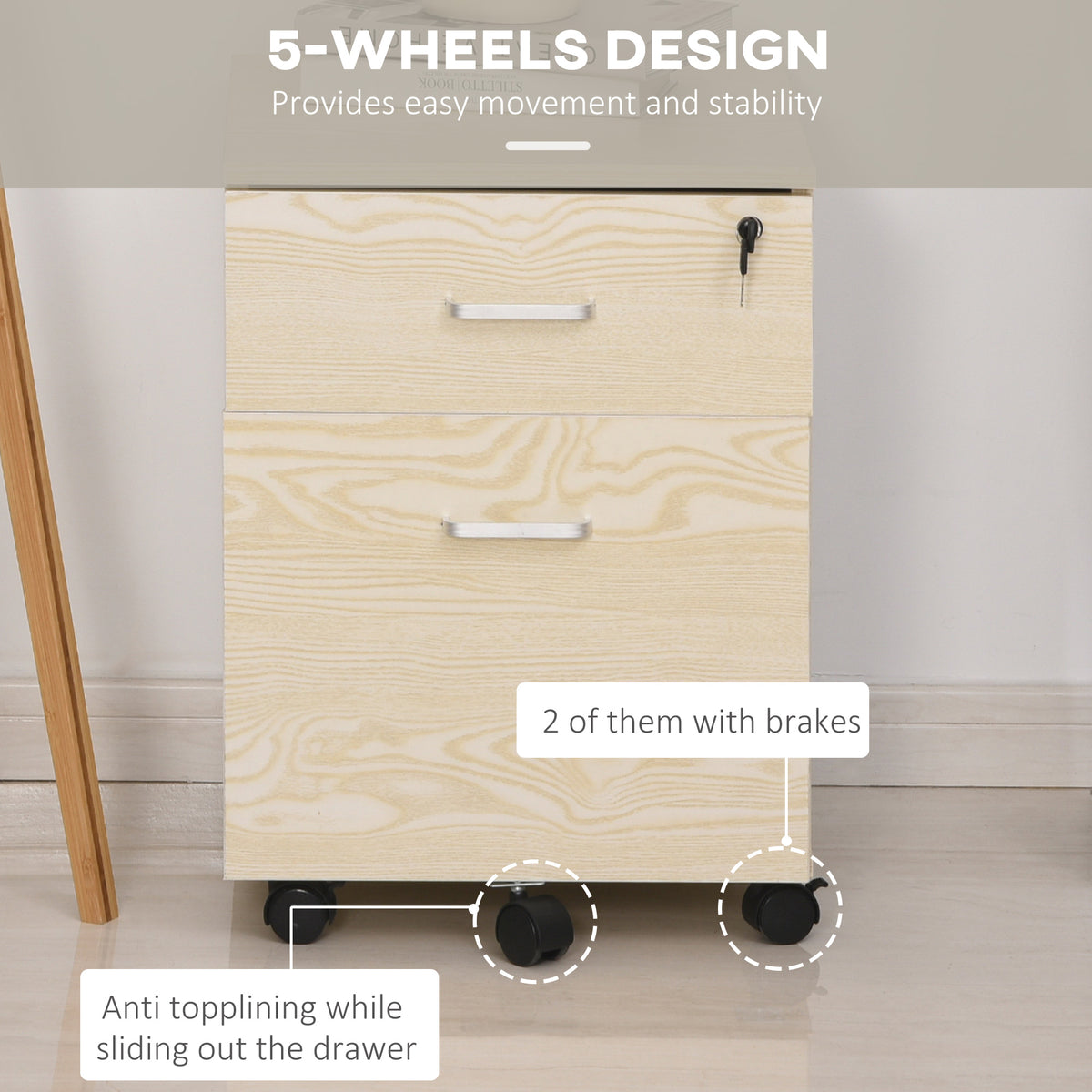 Front view of a two-drawer oak grain filing cabinet with five wheels, including two with brakes