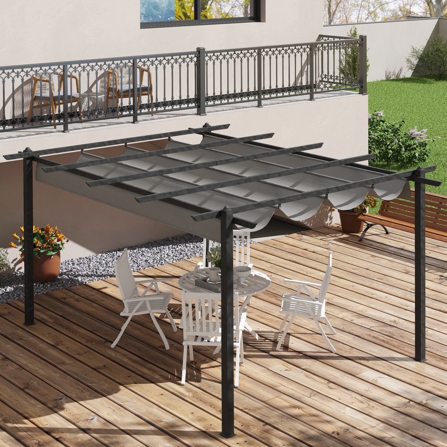 Outsunny 4 x 3m Aluminium Pergola with Retractable Roof, Modern Outdoor Gazebo Canopy Shelter for Patio Lounge, Garden Dining & Outdoor Living, Grey