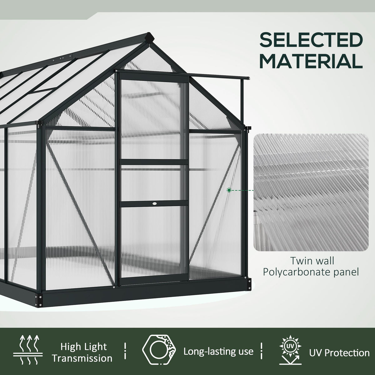 Outsunny greenhouse with twin-wall polycarbonate panels and dark frame