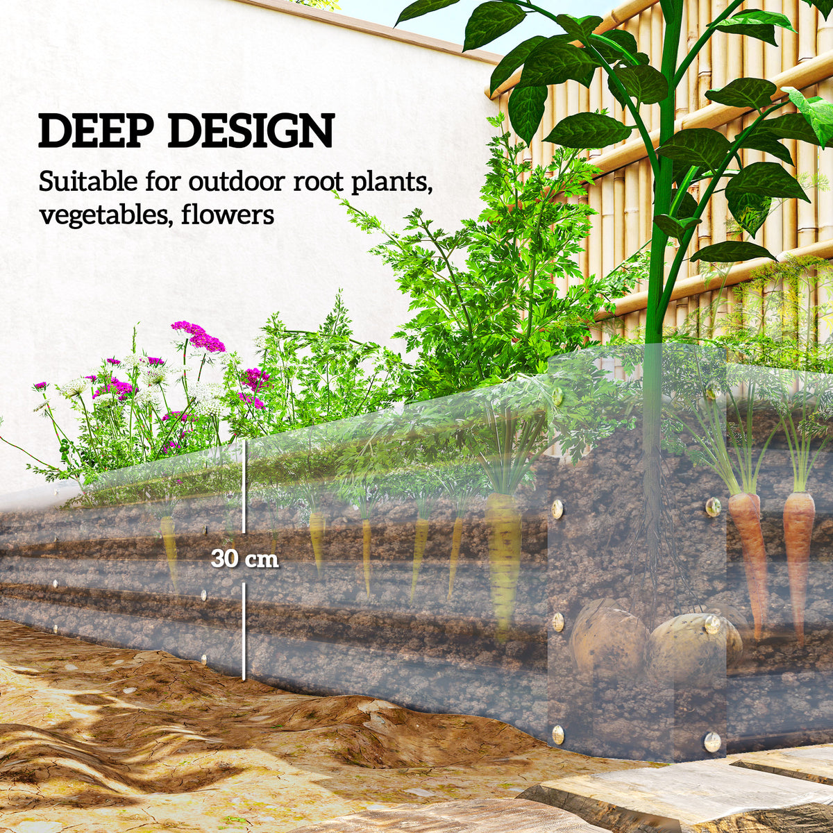 Silver galvanized steel planter shown holding soil and deep-rooted vegetables