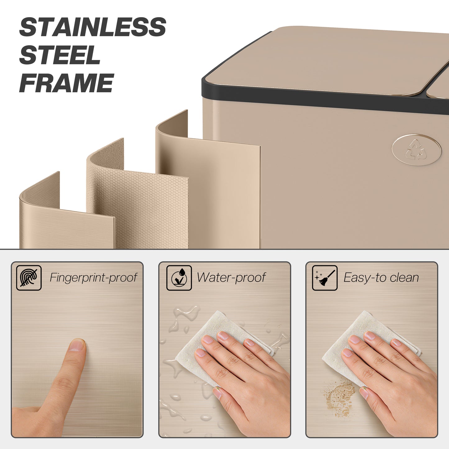 HOMCOM 56L Dual Compartment Stainless Steel Bin, with Deodoriser Holders - Gold Tone