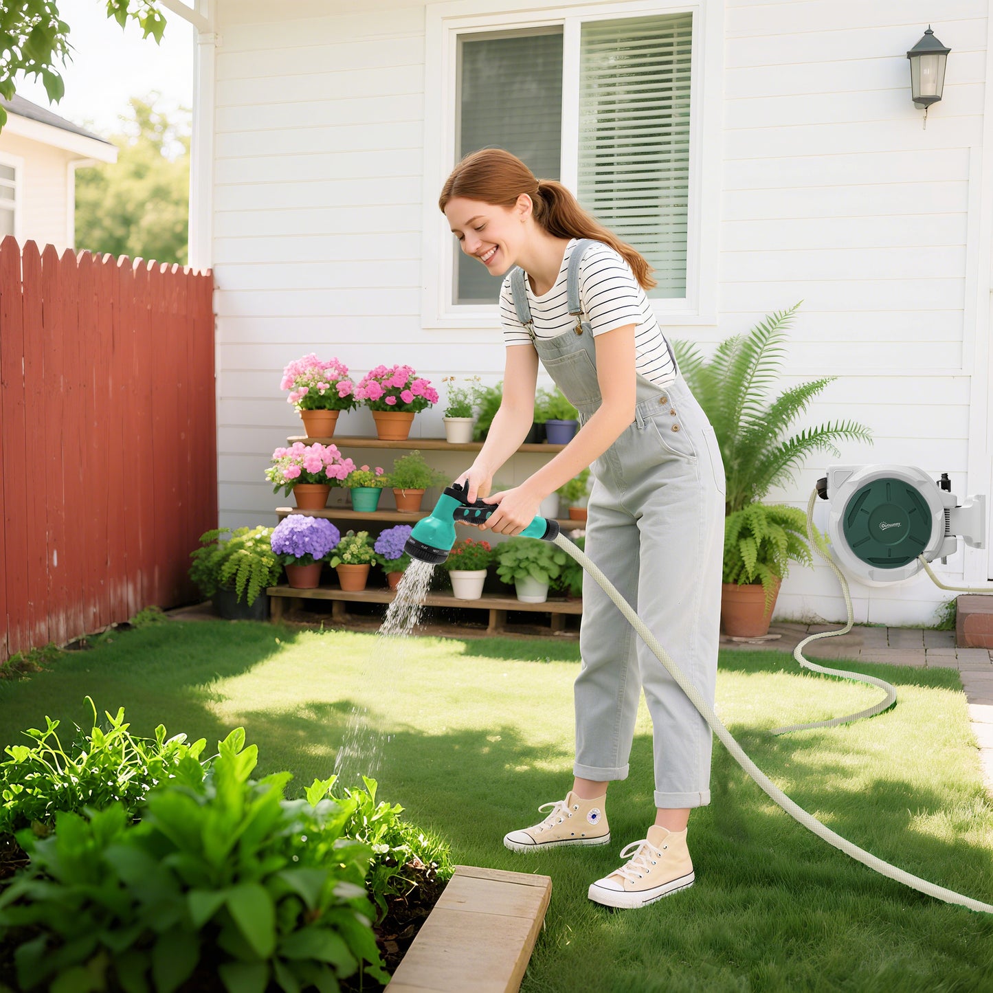 Outsunny Retractable Hose Reel Wall Mounted, 30+2m Garden Hose Pipe Reel with Lock, Auto Rewind, 7 in 1 Spray Nozzle, Includes Wall Fixings, 180° Swivel, Outdoor Watering, 59 x 23 x 42 cm, Grey