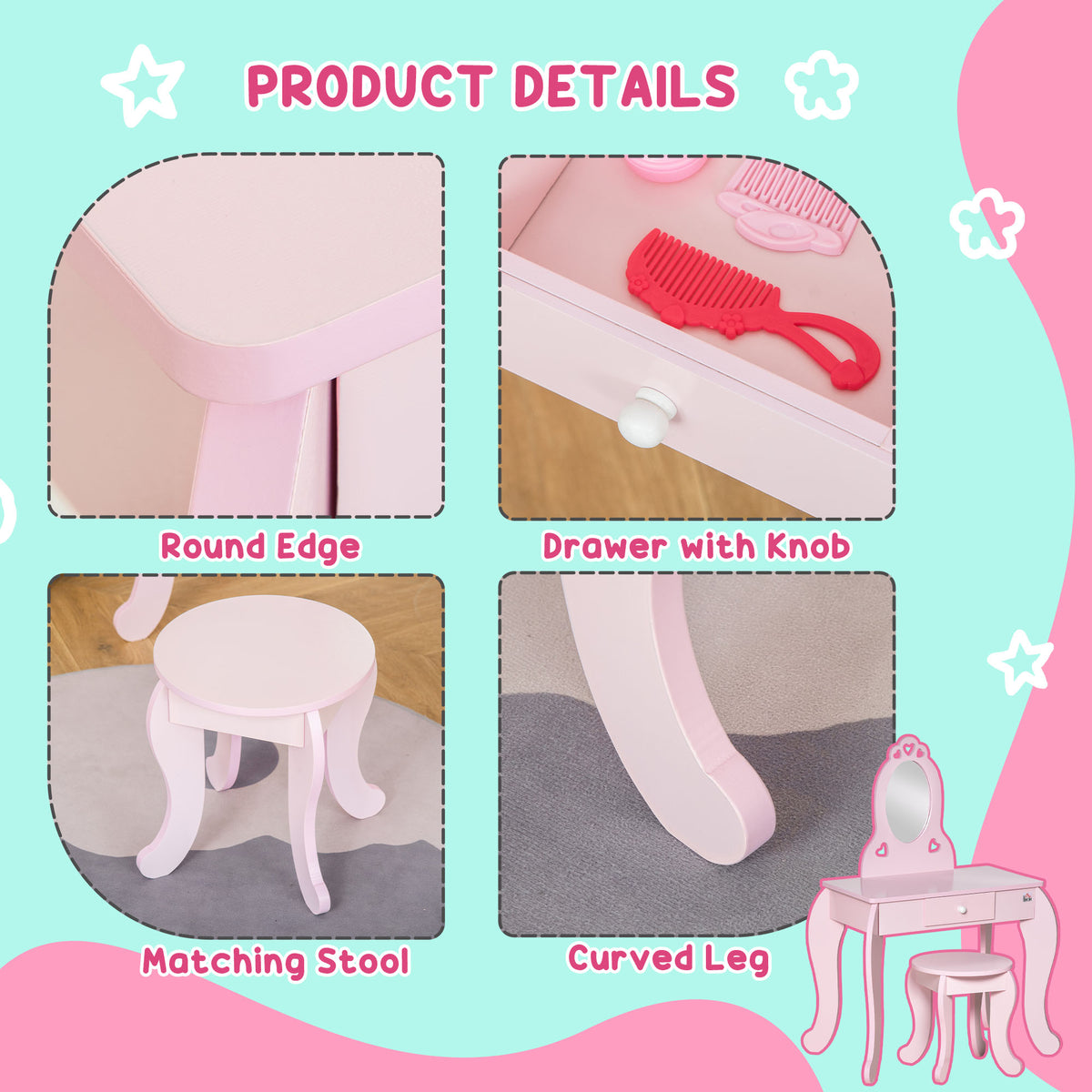 Pink vanity set details: rounded tabletop, drawer knob, matching stool and curved legs