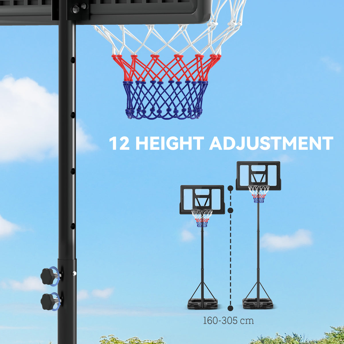 Basketball hoop pole with height adjustment holes and red, white, and blue net