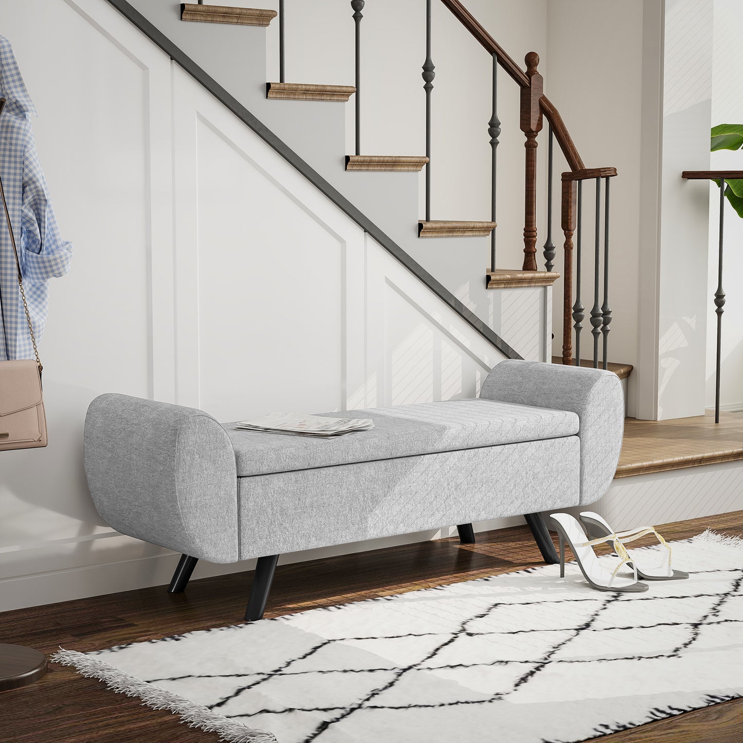 HOMCOM Storage Ottoman with Armrest, Window Seat, Upholstered Linen Storage Bench with Rubberwood Legs, Footstool for Bedroom Living Room, Hallway, Dark Grey