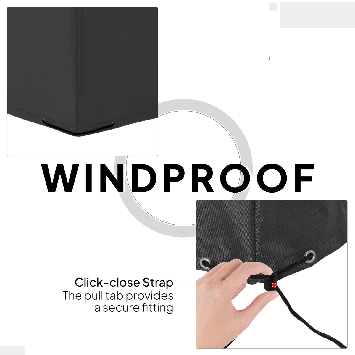 Black furniture cover with a click-close pull strap for a secure fit