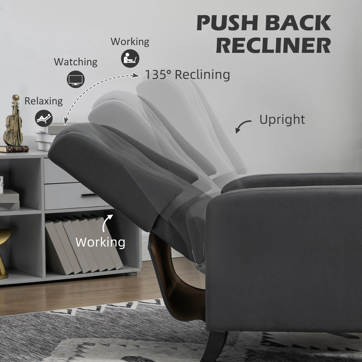 Deep gray wingback recliner shown adjusting between upright and reclined positions