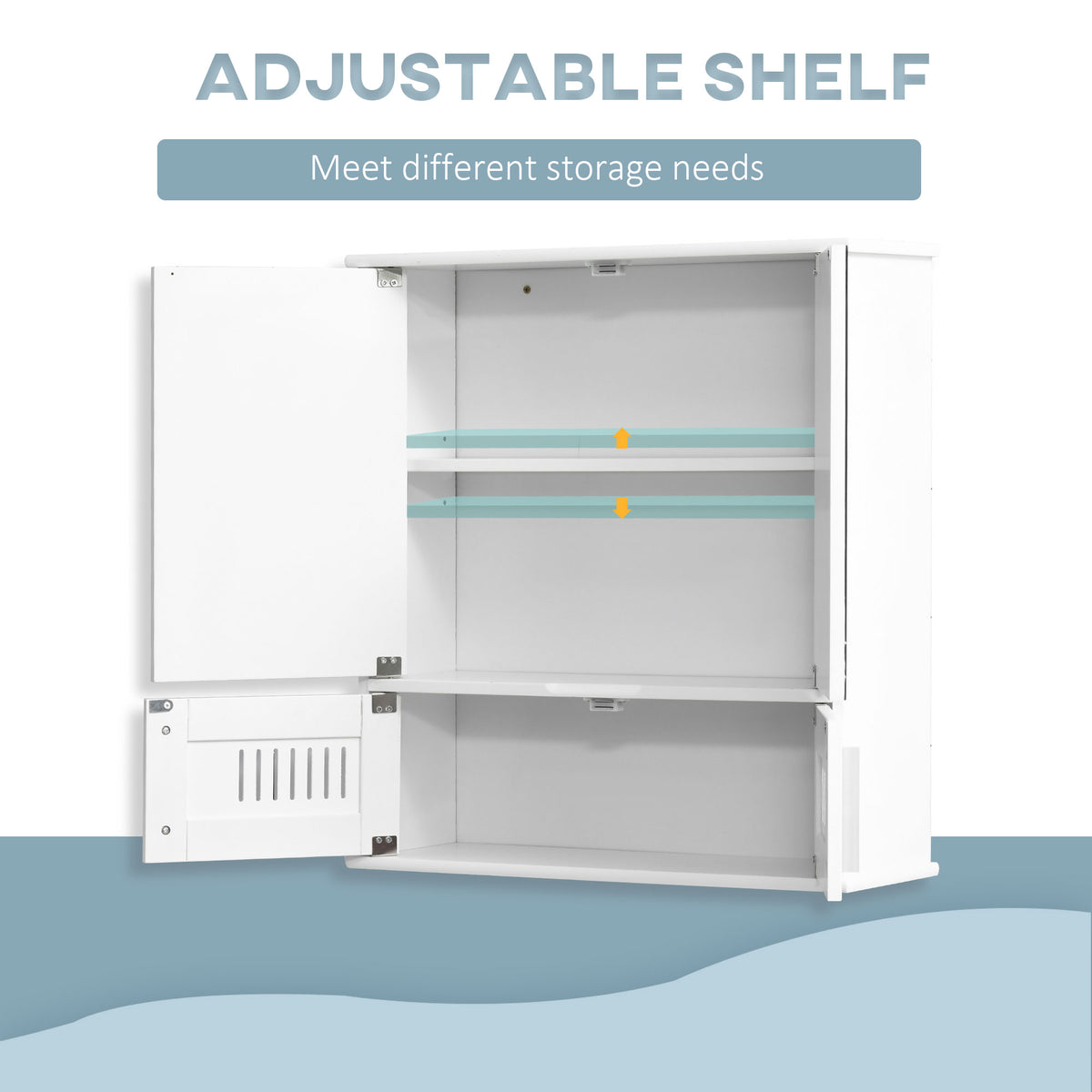 kleankin white bathroom cabinet opened to show adjustable shelves and lower storage