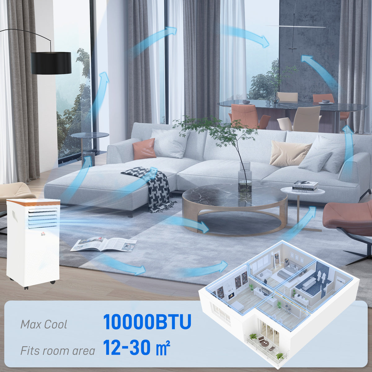 HOMCOM portable air conditioner shown cooling a room of up to 30 square metres