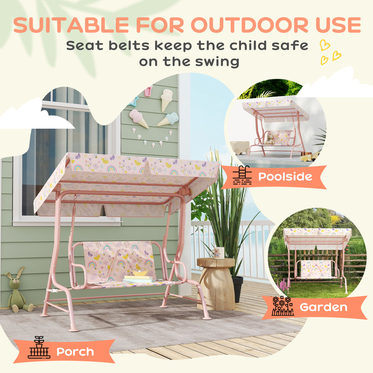 AIYAPLAY Kids Garden Swing Chair with Adjustable Canopy, Safety Belt, 2 Seater Hammock Swing Bench for Patio, Porch, Pink